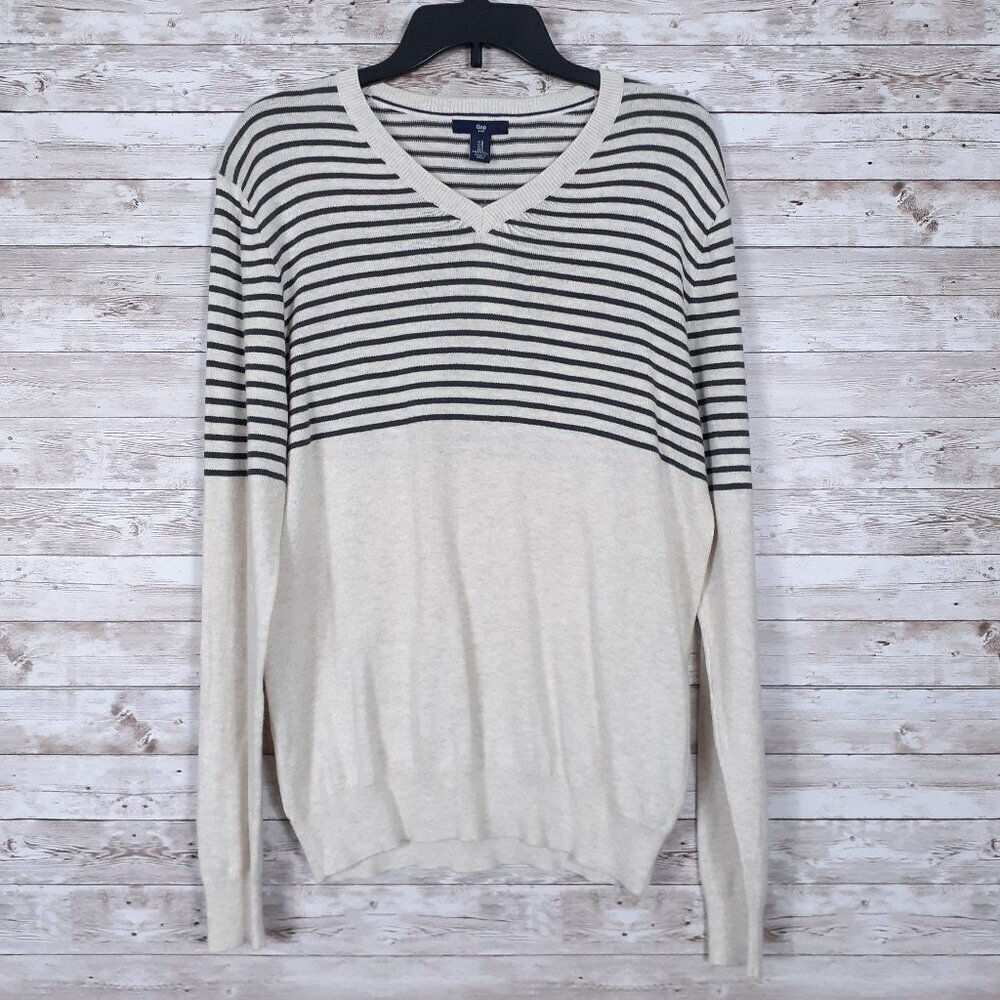 Gap Mens V-Neck Sweater Small Long Sleeve Pullover Ivory Gray Stripe 155